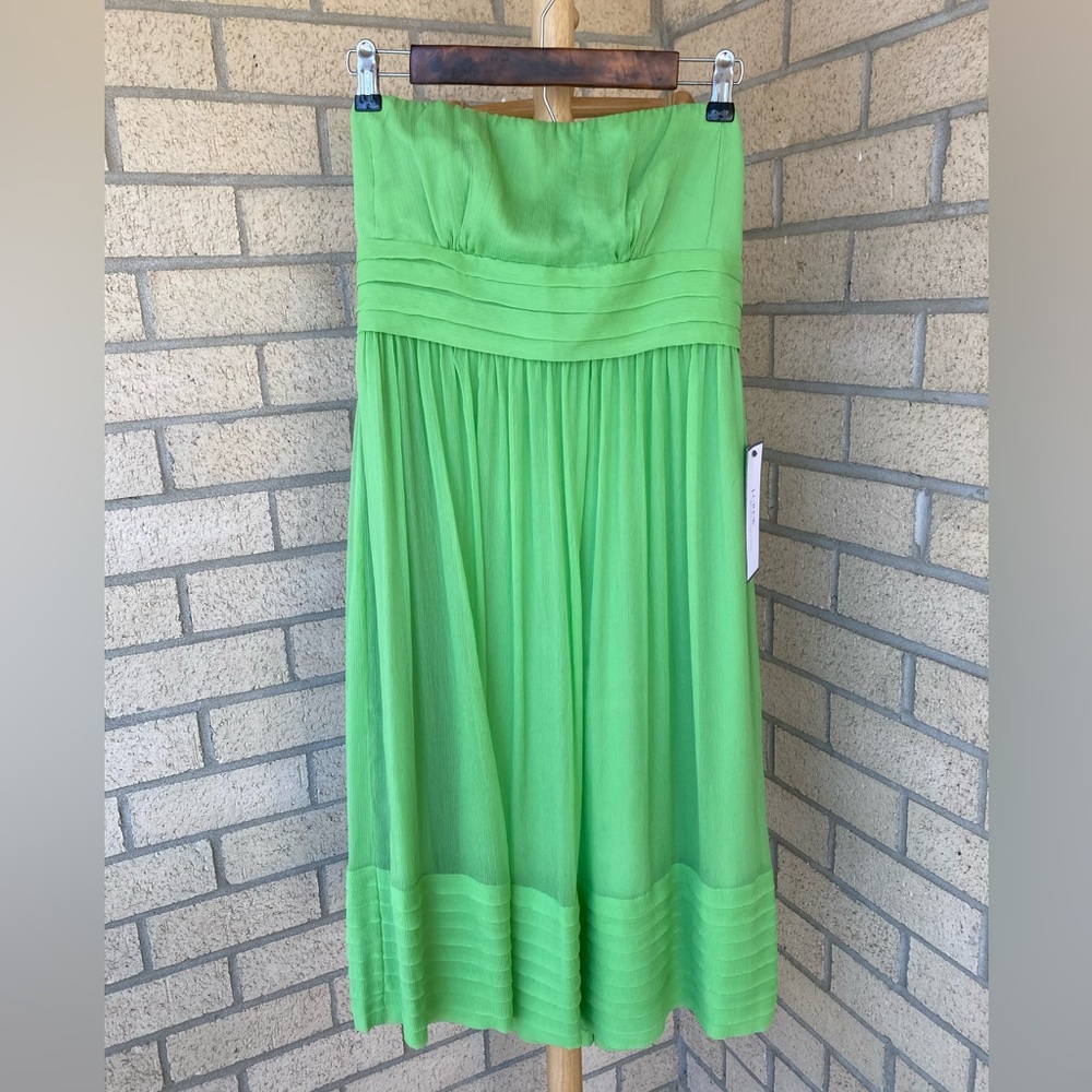 J Crew 100% Silk Green Pleated Tiered Ruffle Hem Strapless Dress